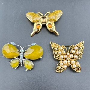 Vintage Butterfly Brooch Lot - Gold silver tone faux pearl rhinestone